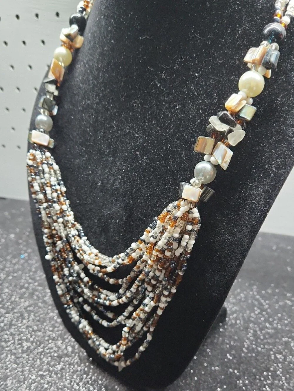 Multi-Strand Beaded Necklace in Black, White & Brown